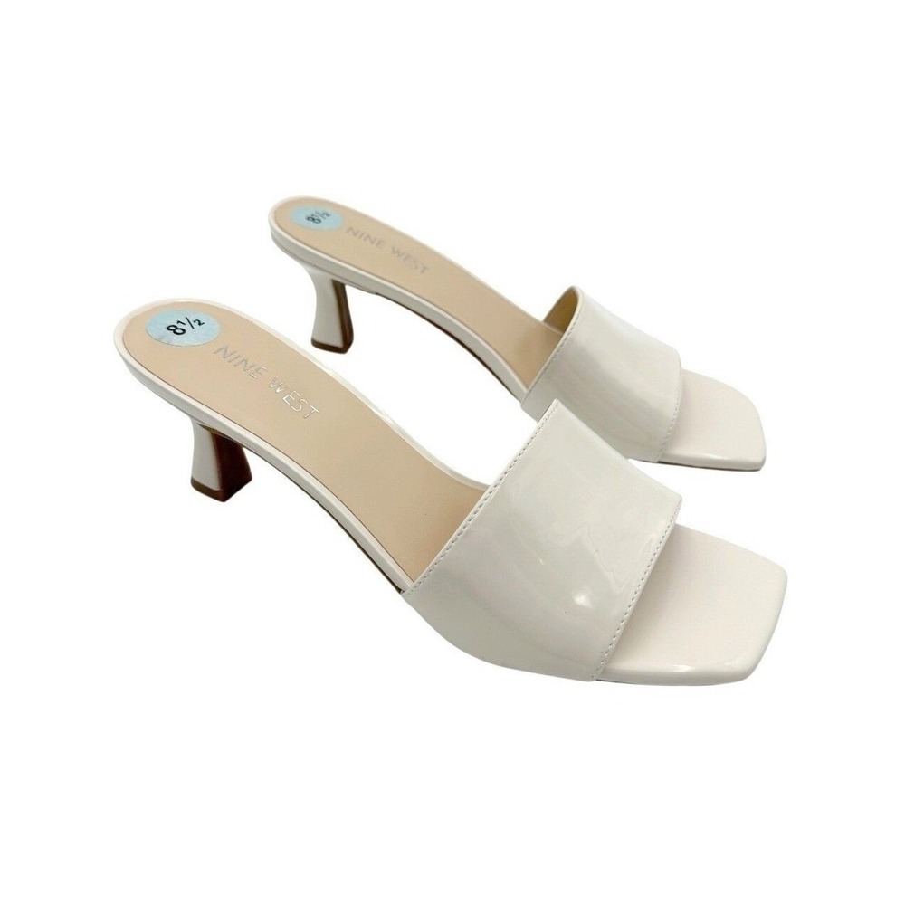 Nine West 8.5 White Patent Square Toe Kitten Heel Slide Sandals 90s Minimalist